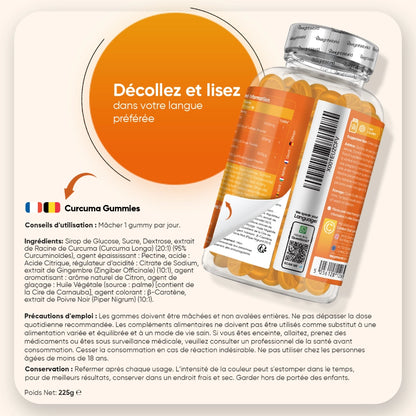 Bouteille de gummies au curcuma et étiquettes à l’arrière, flacon transparent avec gummies orange.