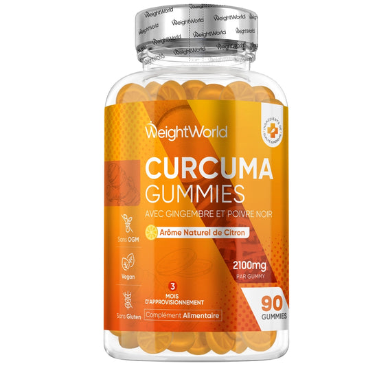 Bouteille de gummies au curcuma WeightWorld, gélifiés orange, capuchon argent.