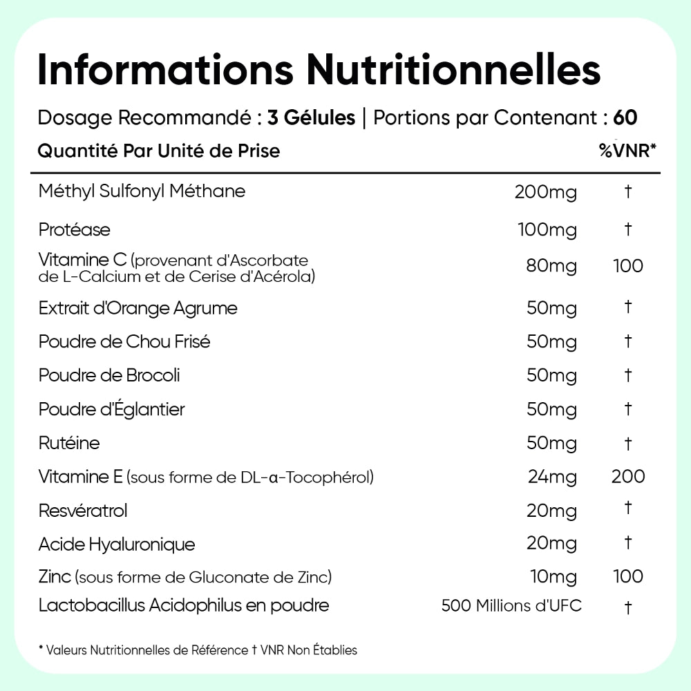 Informations nutritionnelles du collagène vegan avancé, 3 gélules