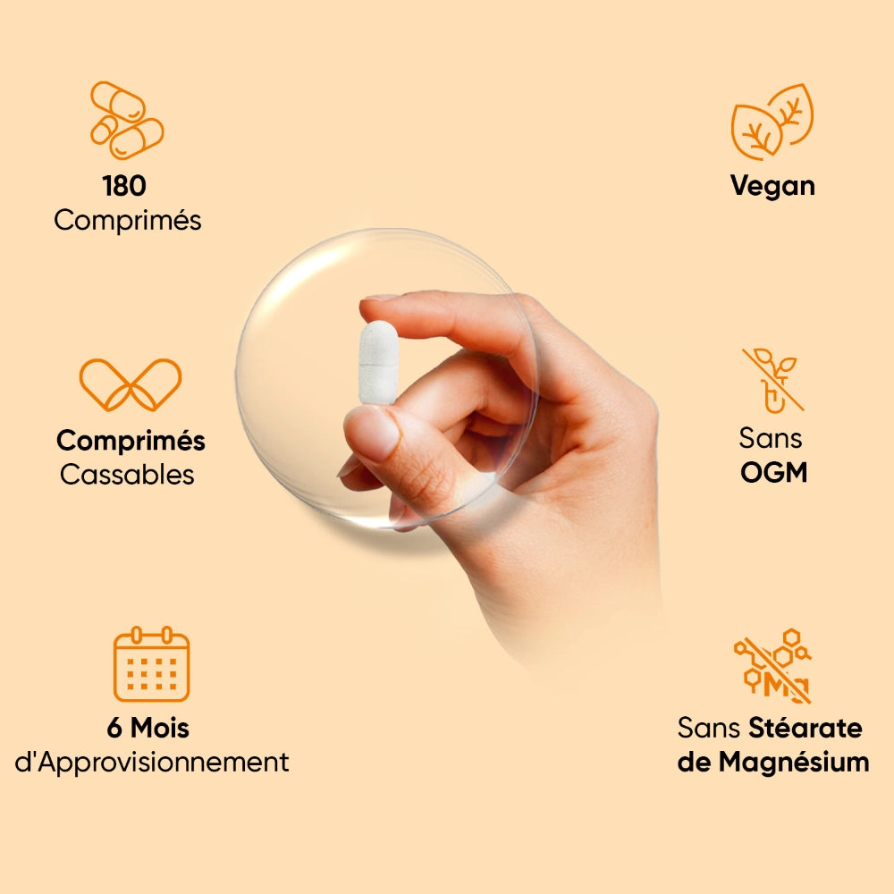 Éléments du complément vitamine C: 180 comprimés, cassables, vegan, sans OGM