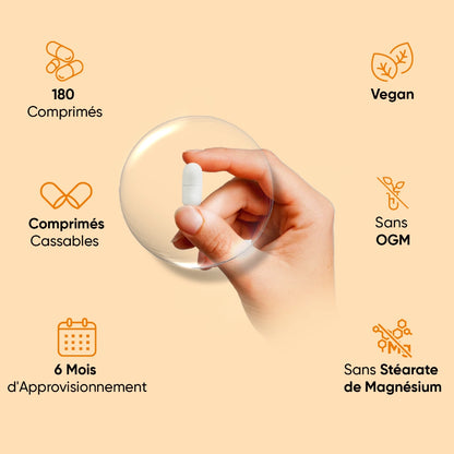 Éléments du complément vitamine C: 180 comprimés, cassables, vegan, sans OGM