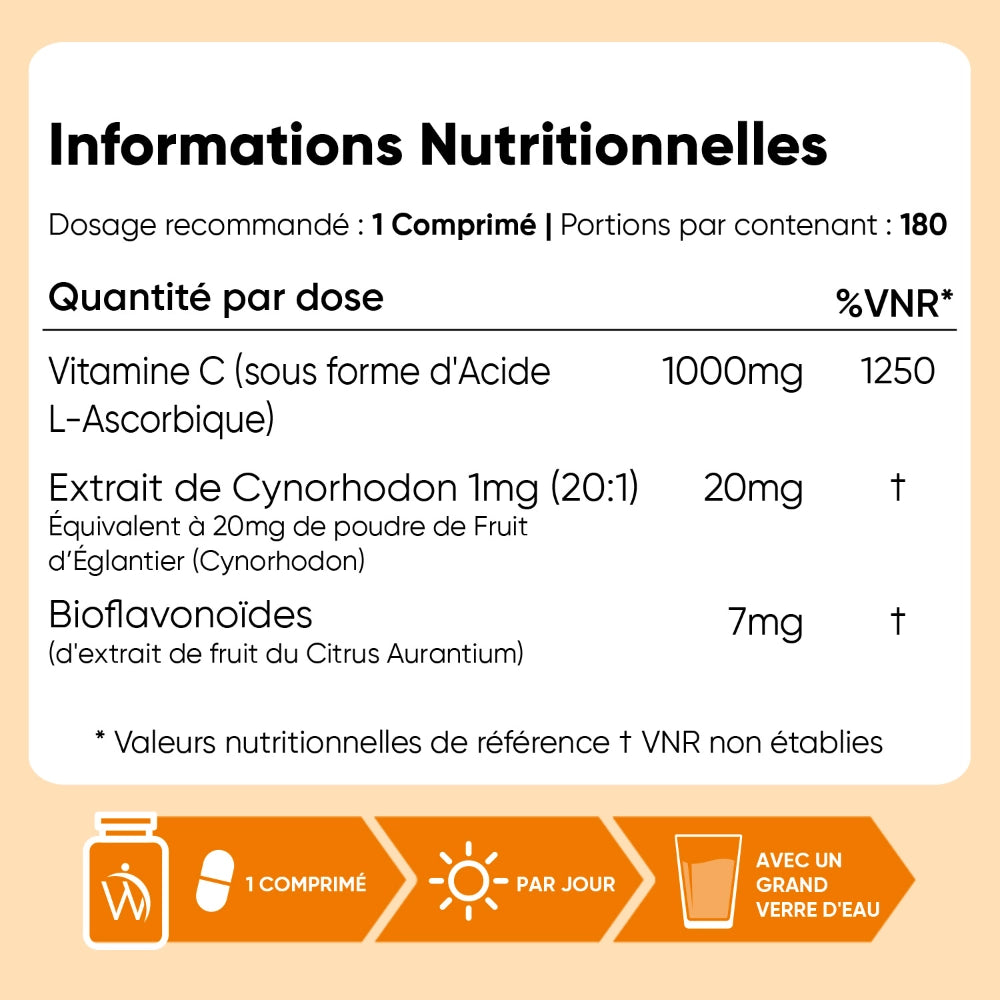 Tableau nutritionnel du complément vitamine C: 1000 mg, extrait de cynorrhodon, bioflavonoïdes