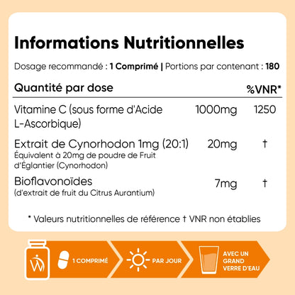 Tableau nutritionnel du complément vitamine C: 1000 mg, extrait de cynorrhodon, bioflavonoïdes