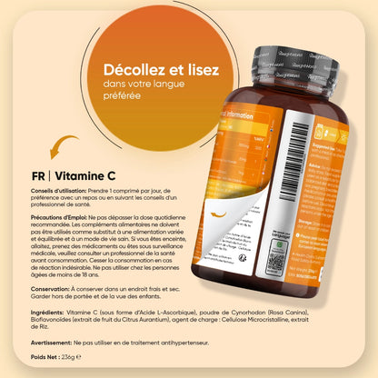 Flacon vitamine C à lire: conseils d’utilisation, ingrédients et précautions, poids 235 g