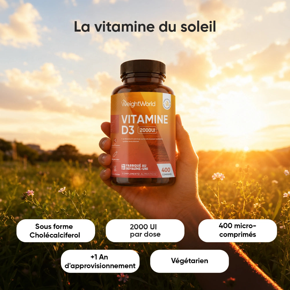 Flacon de vitamine D3 2000 UI, étiquette orange, bouchon noir