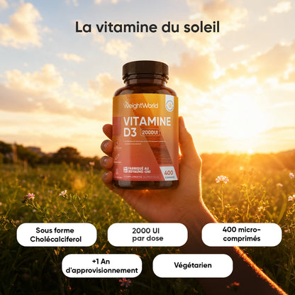 Flacon de vitamine D3 2000 UI, étiquette orange, bouchon noir