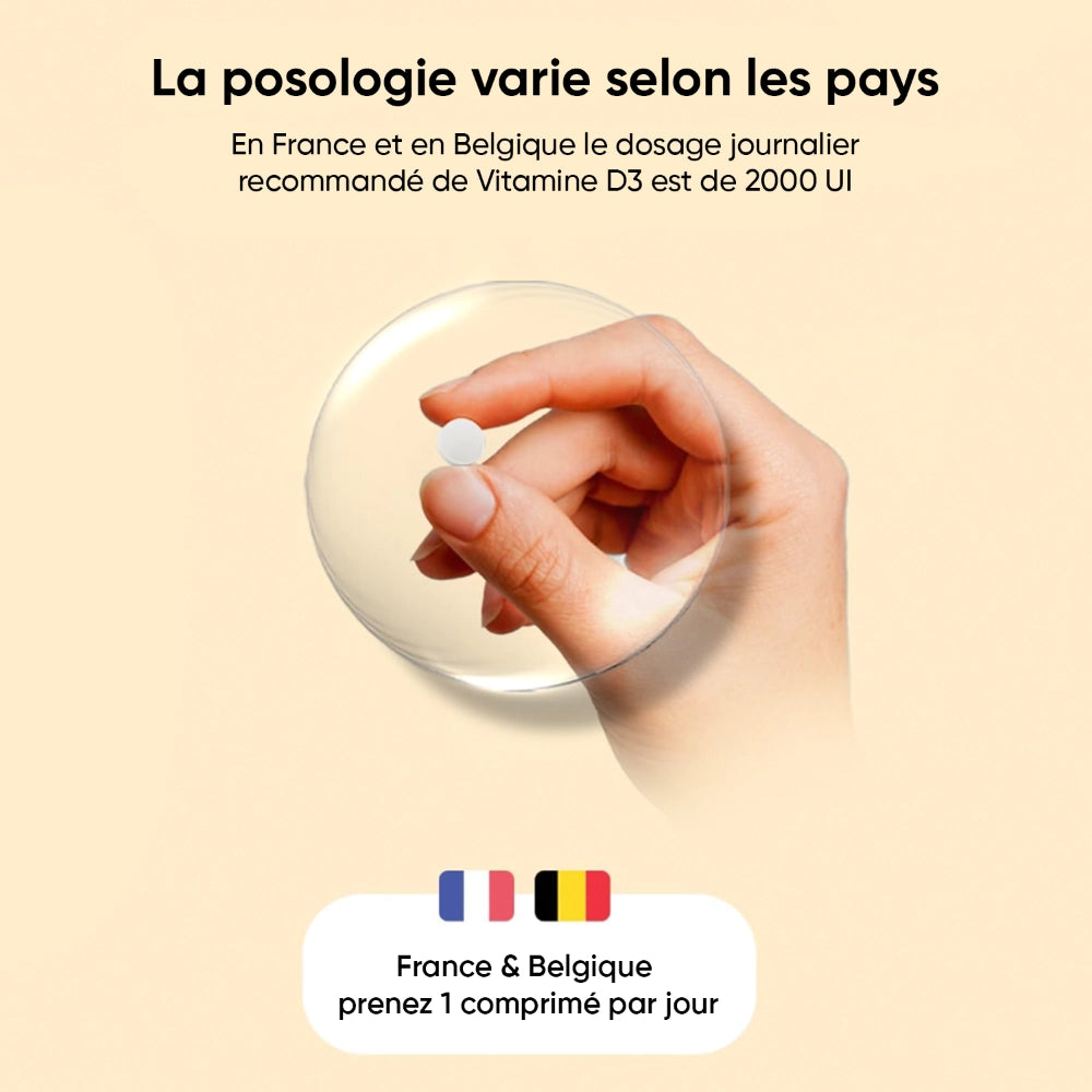 Comprimé blanc de vitamine D3, petit format, tenu entre les doigts
