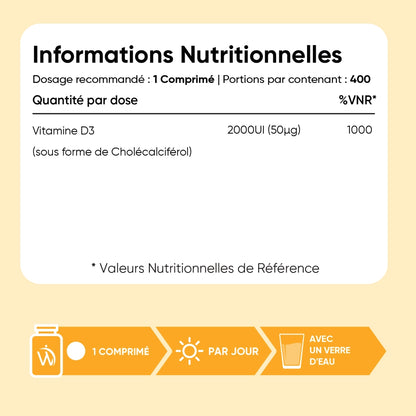 Informations nutritionnelles de vitamine D3, tableau des valeurs par comprimé