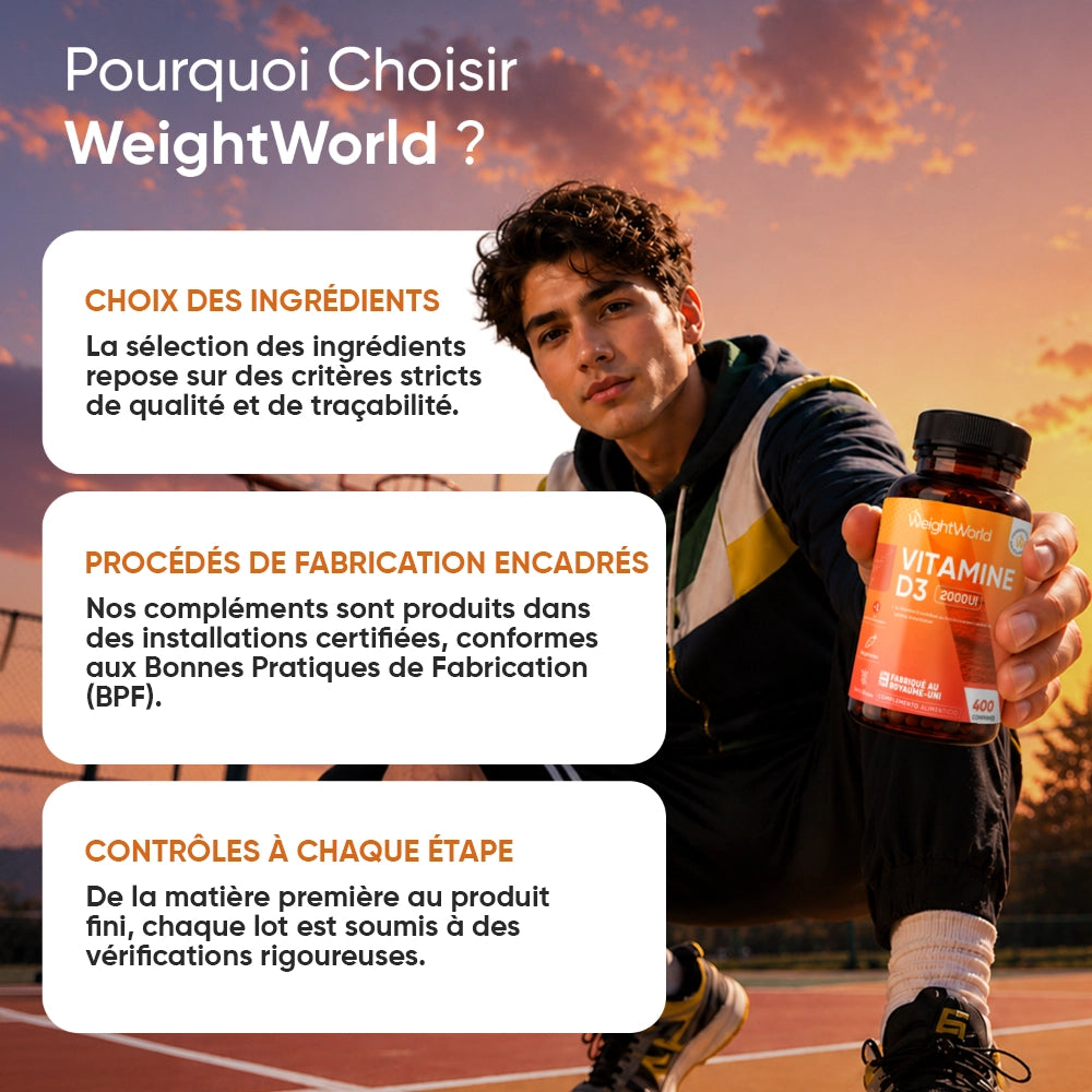 Flacon vitamine D3 2000 UI tenu en main, étiquette orange et bouchon noir