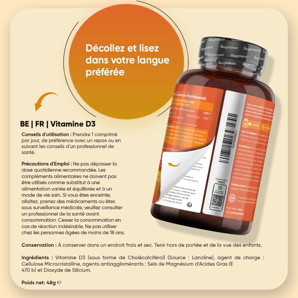 Flacon vitamine D3 avec étiquette latérale, bouchon noir, informations au dos