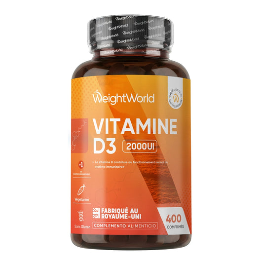 Flacon de complément vitamine D3 2000 UI, bouchon noir, étiquette orange
