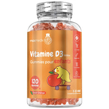 Bocal de gummies vitamine D3 pour enfants, goût orange, 120 gummies, pot en verre