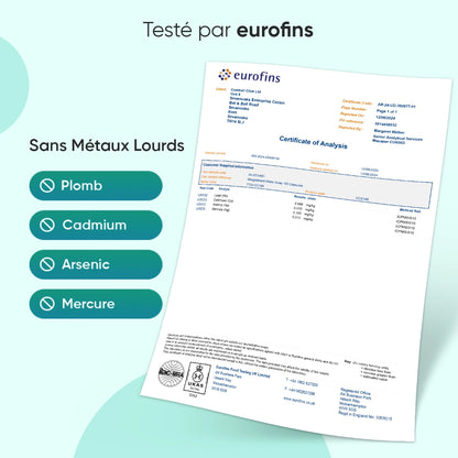 Rapport d’analyse eurofins indiquant l’absence de plomb, cadmium, arsenic et mercure.