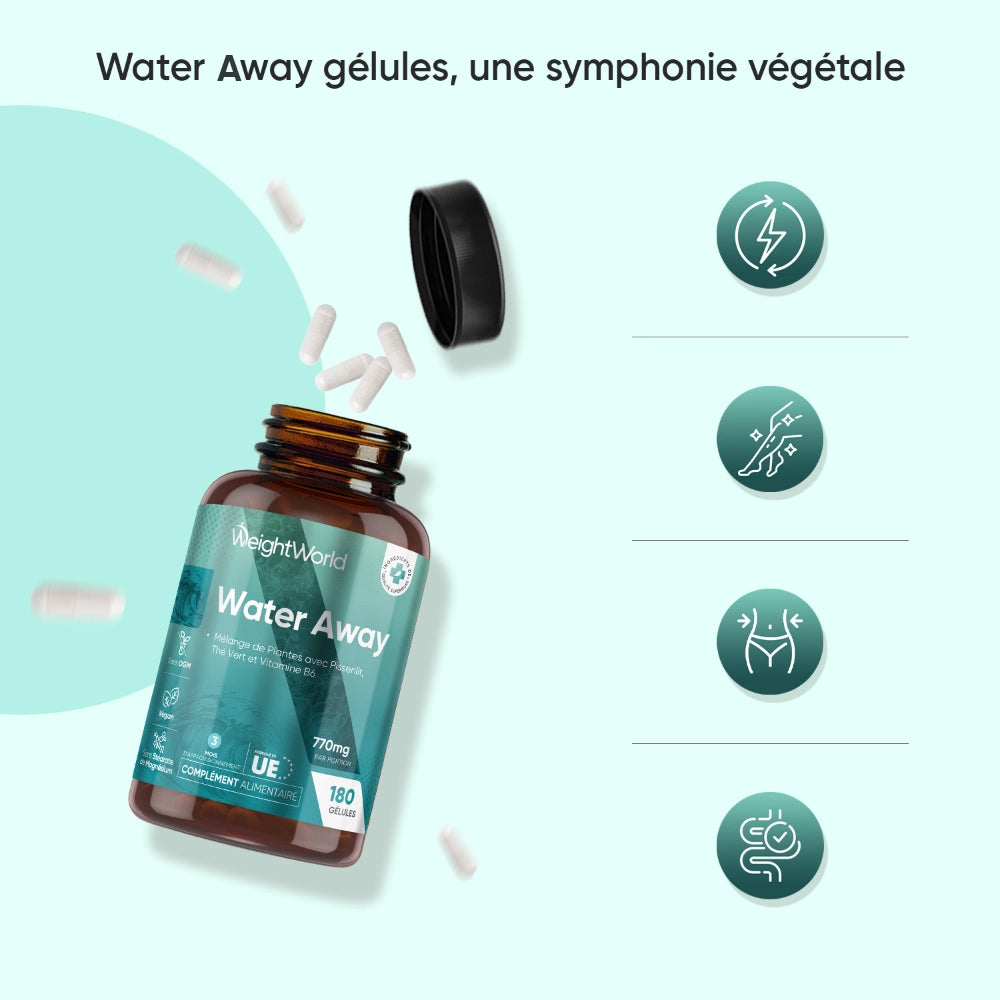 Bouteille de complément alimentaire WeightWorld avec bouchon noir et pictogrammes.