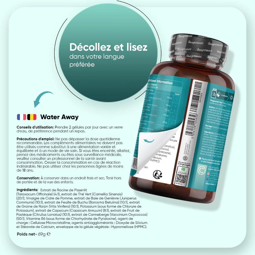Bouteille WeightWorld montrant la face arrière avec informations et étiquetage.