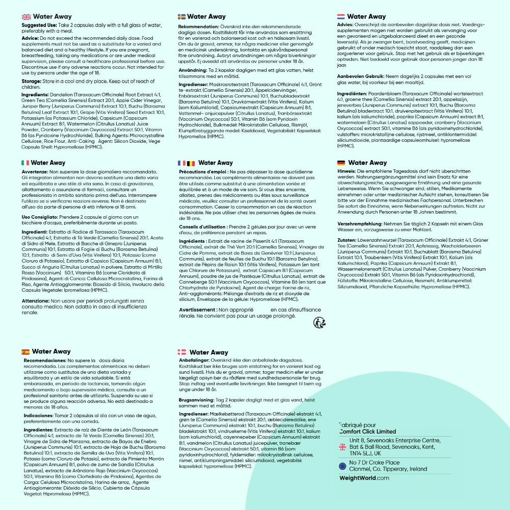 Tableaux d’informations sur complément alimentaire WeightWorld, textes en plusieurs blocs.