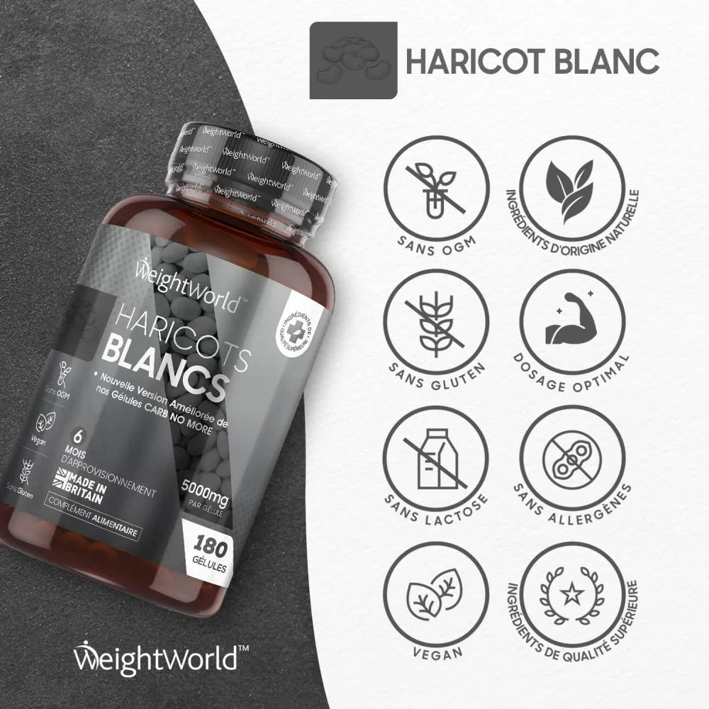 Flacon WeightWorld Haricot blanc avec pictogrammes sans OGM, sans gluten, vegan.