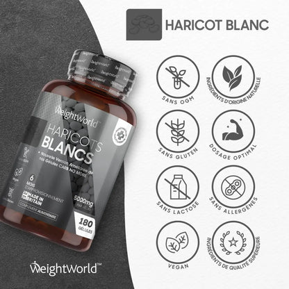 Flacon WeightWorld Haricot blanc avec pictogrammes sans OGM, sans gluten, vegan.