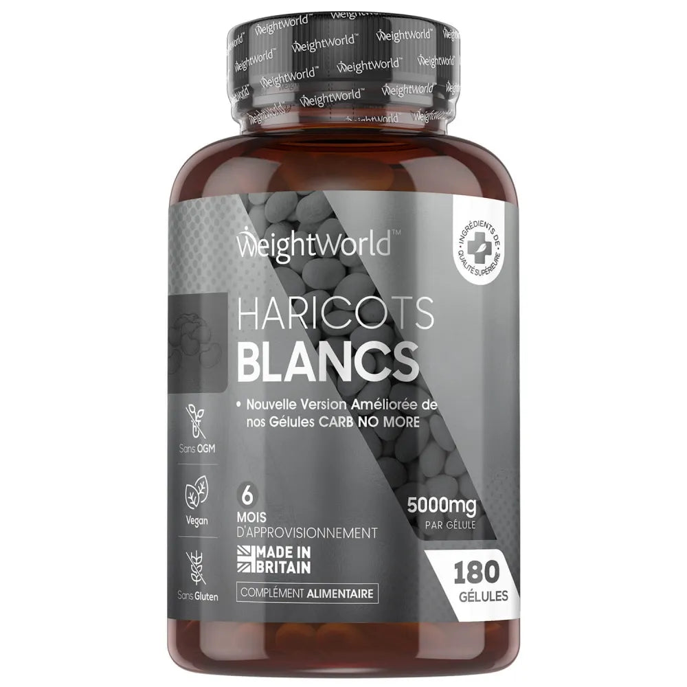 Flacon WeightWorld en verre ambré, étiquette Haricot blanc, 5000 mg, 180 gélules.