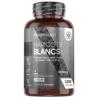 Flacon WeightWorld en verre ambré, étiquette Haricot blanc, 5000 mg, 180 gélules.