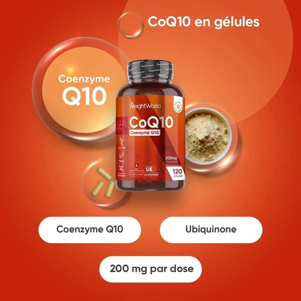 Bouteille de CoQ10 en gélules, pot orange 200 mg, 120 gélules