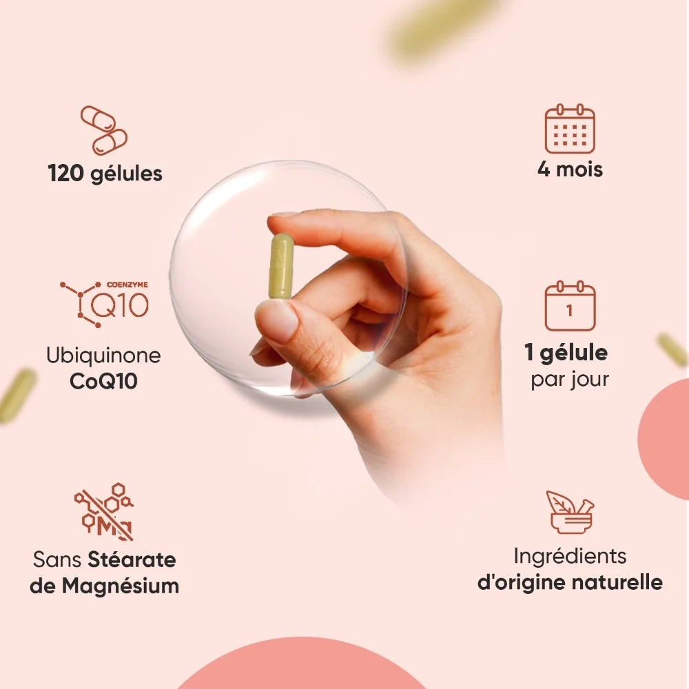 Gélule verte tenue par une main, flacon transparent CoQ10