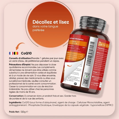 Bouteille CoQ10 à l’arrière, étiquette nutrition et ingrédients, 120 g, 200 mg
