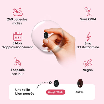 Infographie: 8 mg d’astaxanthine, 1 capsule par jour, 240 capsules, vegan