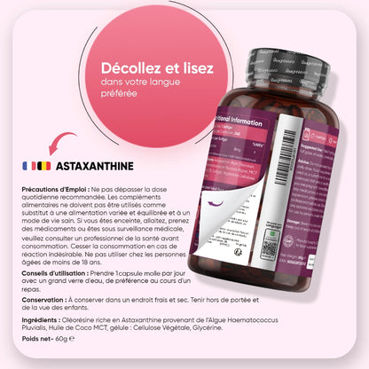 Arrière du flacon WeightWorld: précautions et composition, astaxanthine 8 mg