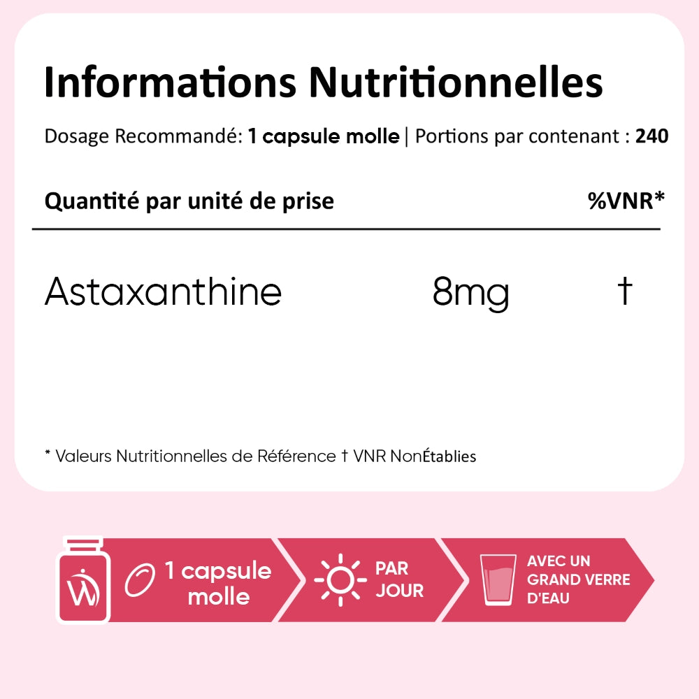 Informations nutritionnelles: 1 capsule molle apporte 8 mg d’astaxanthine, 240 portions