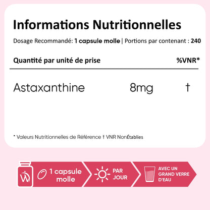Informations nutritionnelles: 1 capsule molle apporte 8 mg d’astaxanthine, 240 portions