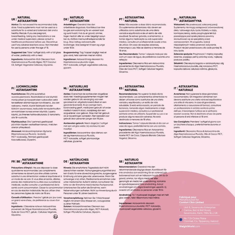Panneau multi-langues WeightWorld: informations sur astaxanthine naturelle et composition