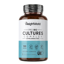 Flacon de probiotiques WeightWorld Pro Bio Cultures Complex, bouchon noir, étiquette.