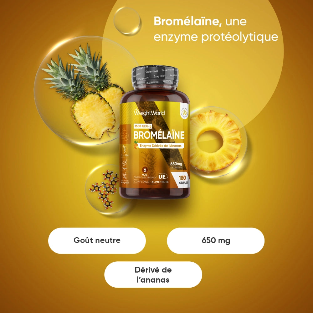 Flacon de compléments entouré de rondelles d’ananas, affichage 650 mg et 180 gélules