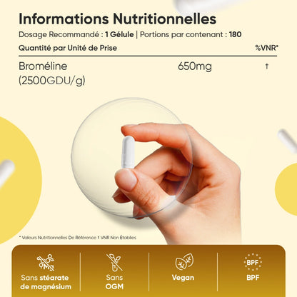 Tableau de dosage 650 mg et 180 gélules, main tenant un petit récipient