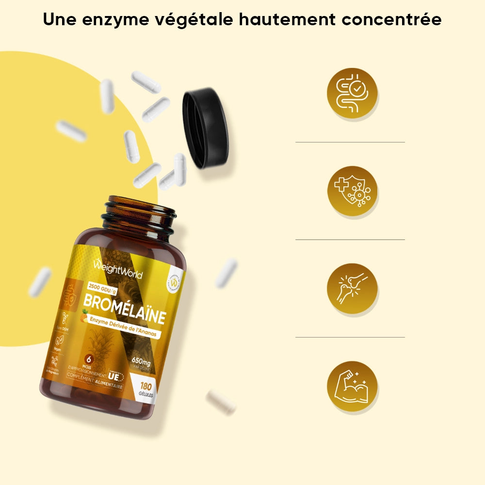 Flacon de compléments avec bouchon ouvert et gélules dispersées, pictogrammes