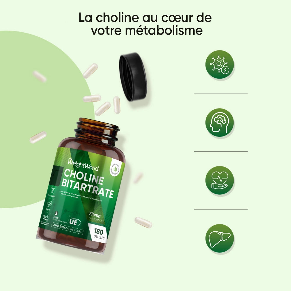 Bocal de complément alimentaire brun Choline Bitartrate et gélules blanches