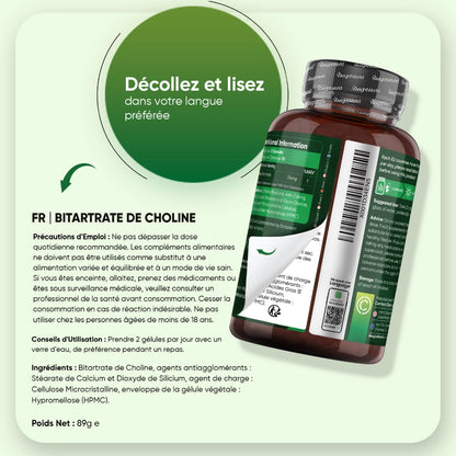 Bouteille de complément Choline Bitartrate avec étiquette et encart FR