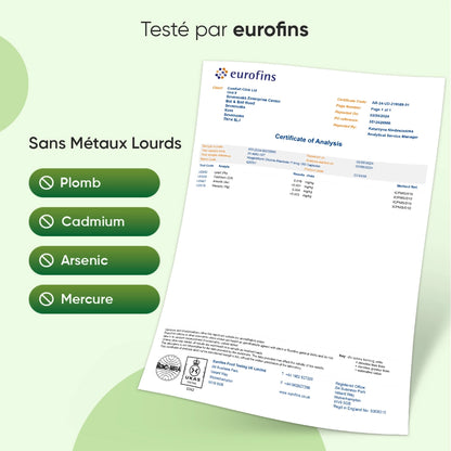 Certificat d’analyse “eurofins” pour complément, sans métaux lourds