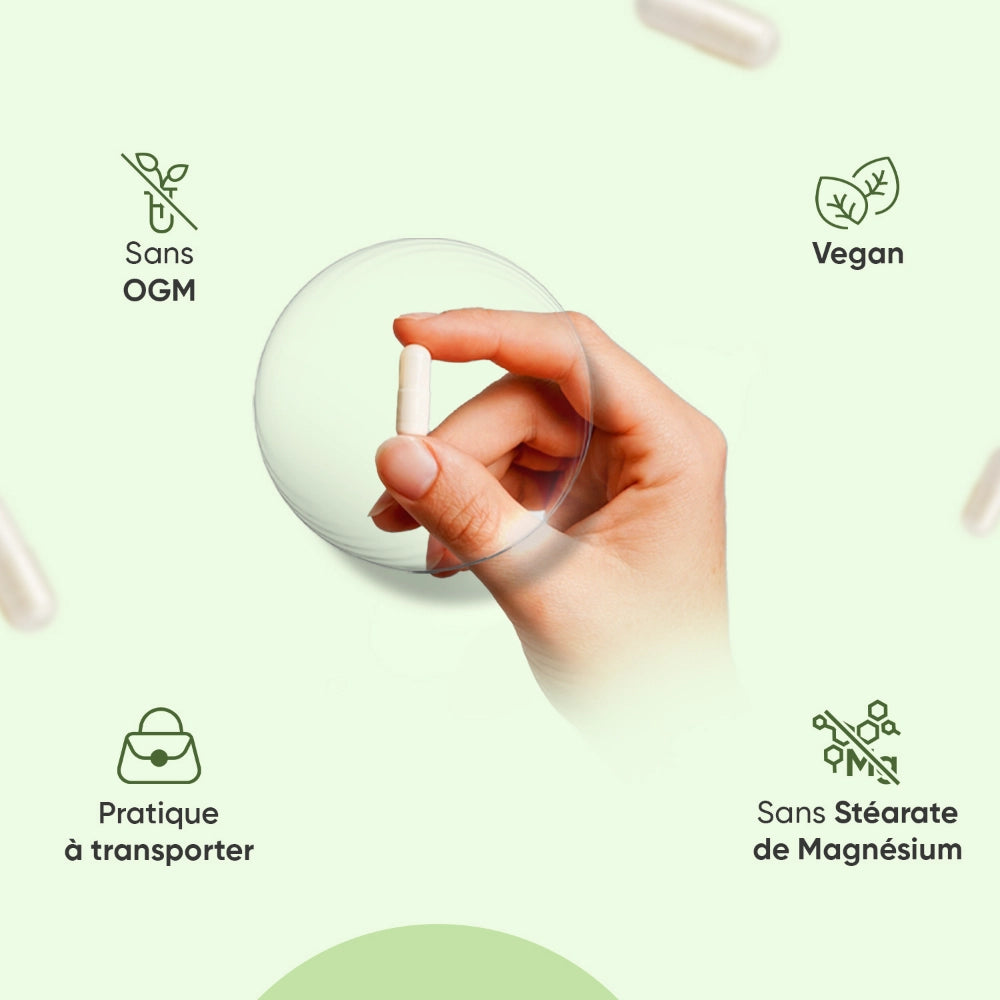 Complément Choline Bitartrate avec pictogrammes sans OGM, vegan et sans stéarate