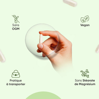 Complément Choline Bitartrate avec pictogrammes sans OGM, vegan et sans stéarate