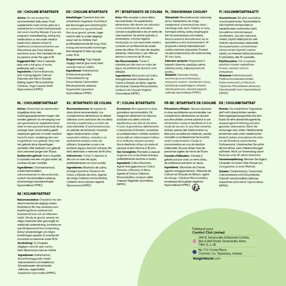 Volet d’informations multilingues sur l’étiquette du complément Choline Bitartrate