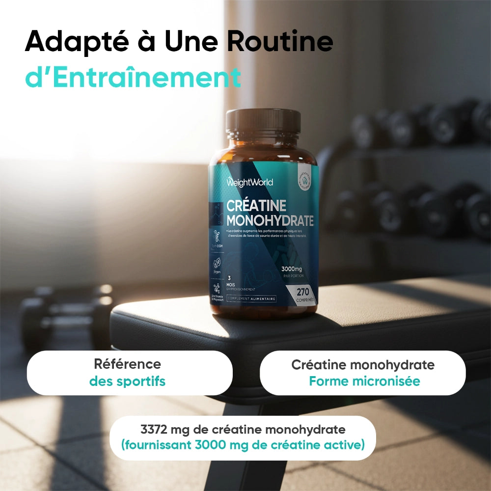 Bouteille de créatine monohydrate en comprimés WeightWorld, 3000 mg par portion