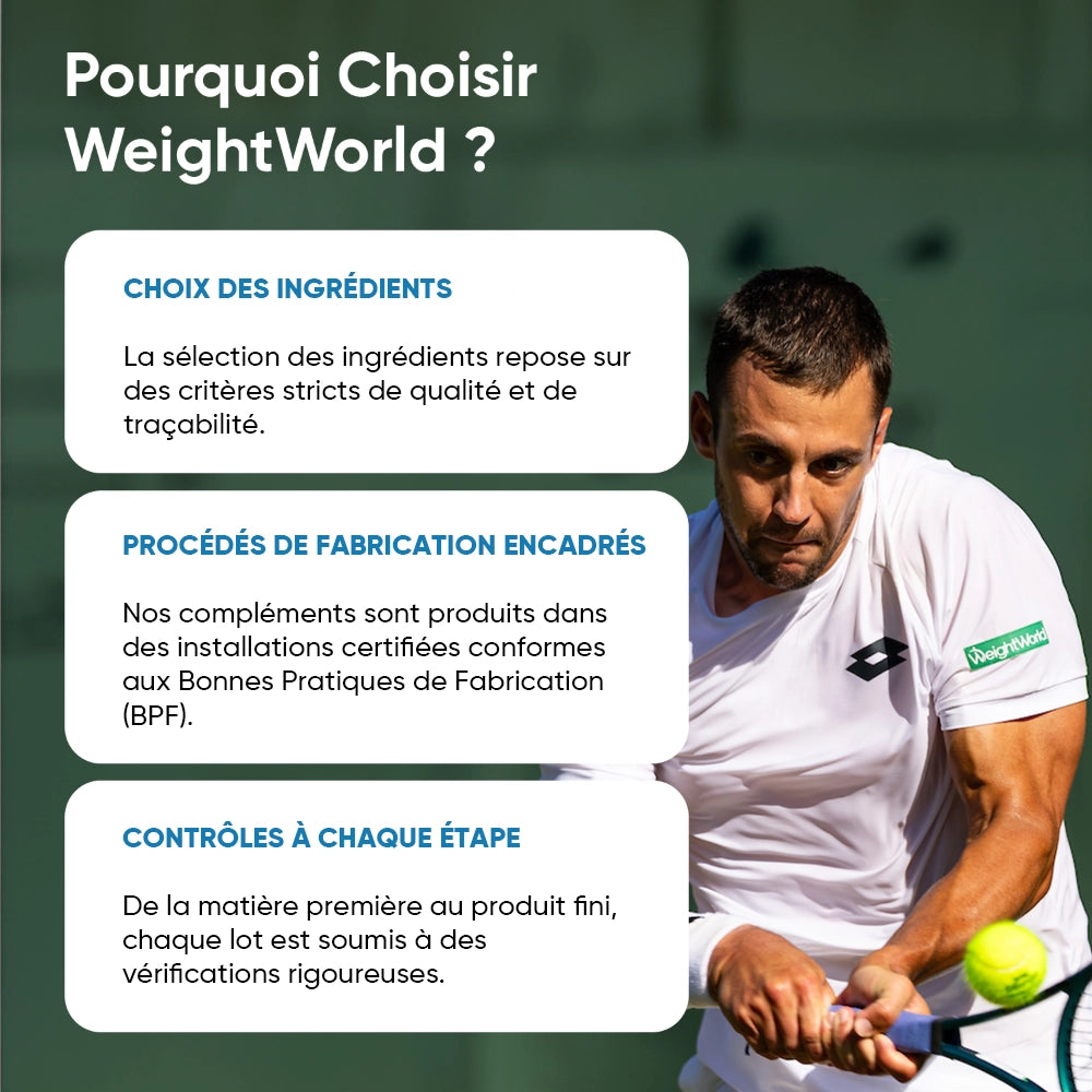 Bouteille de créatine monohydrate WeightWorld avec présentation des engagements