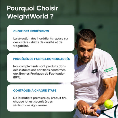 Bouteille de créatine monohydrate WeightWorld avec présentation des engagements