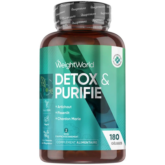 Flacon brun WeightWorld Detox & Purifie, bouchon noir, 180 gélules