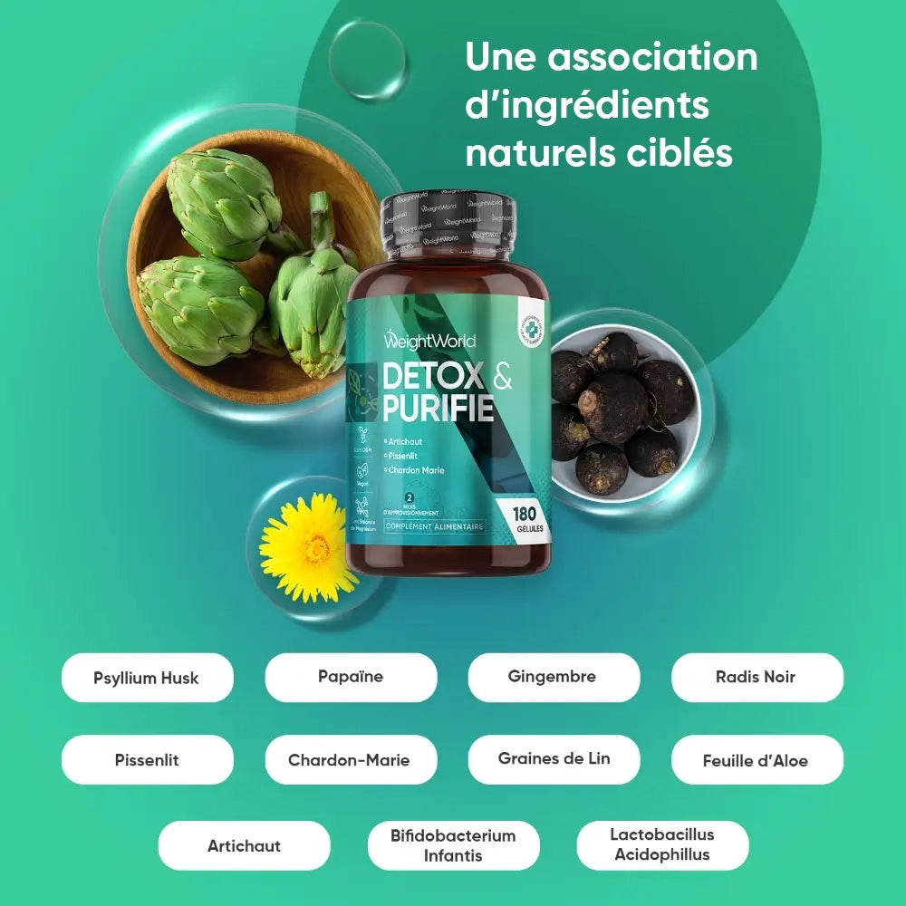 Flacon brun Detox & Purifie WeightWorld avec bols d’ingrédients naturels