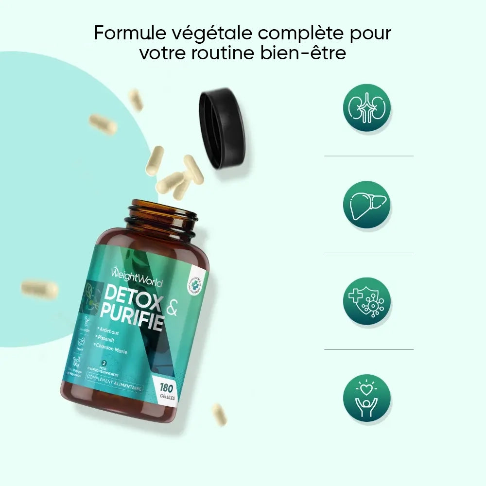 Flacon brun WeightWorld Detox & Purifie, gélules visibles et bouchon noir