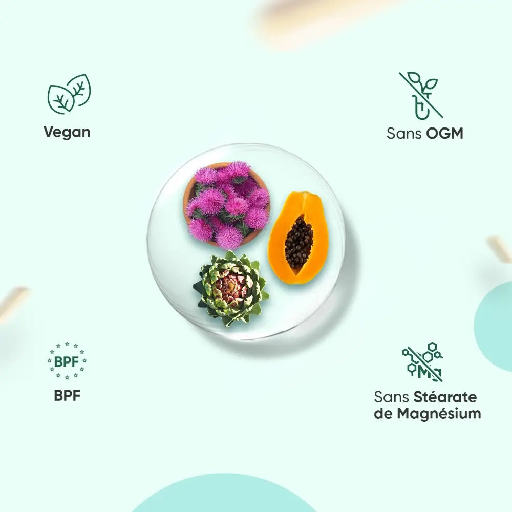 Complément alimentaire en gélules avec icônes vegan, sans OGM et sans stéarate