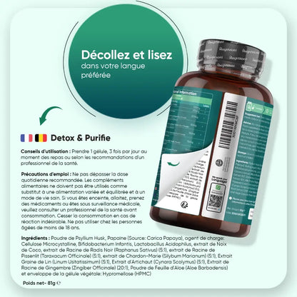 Étiquette arrière du flacon WeightWorld Detox & Purifie, conseils et précautions